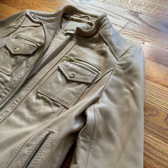 Michael Kors Tan Leather Motorcycle Jacket Size Small - Picture 4 of 15